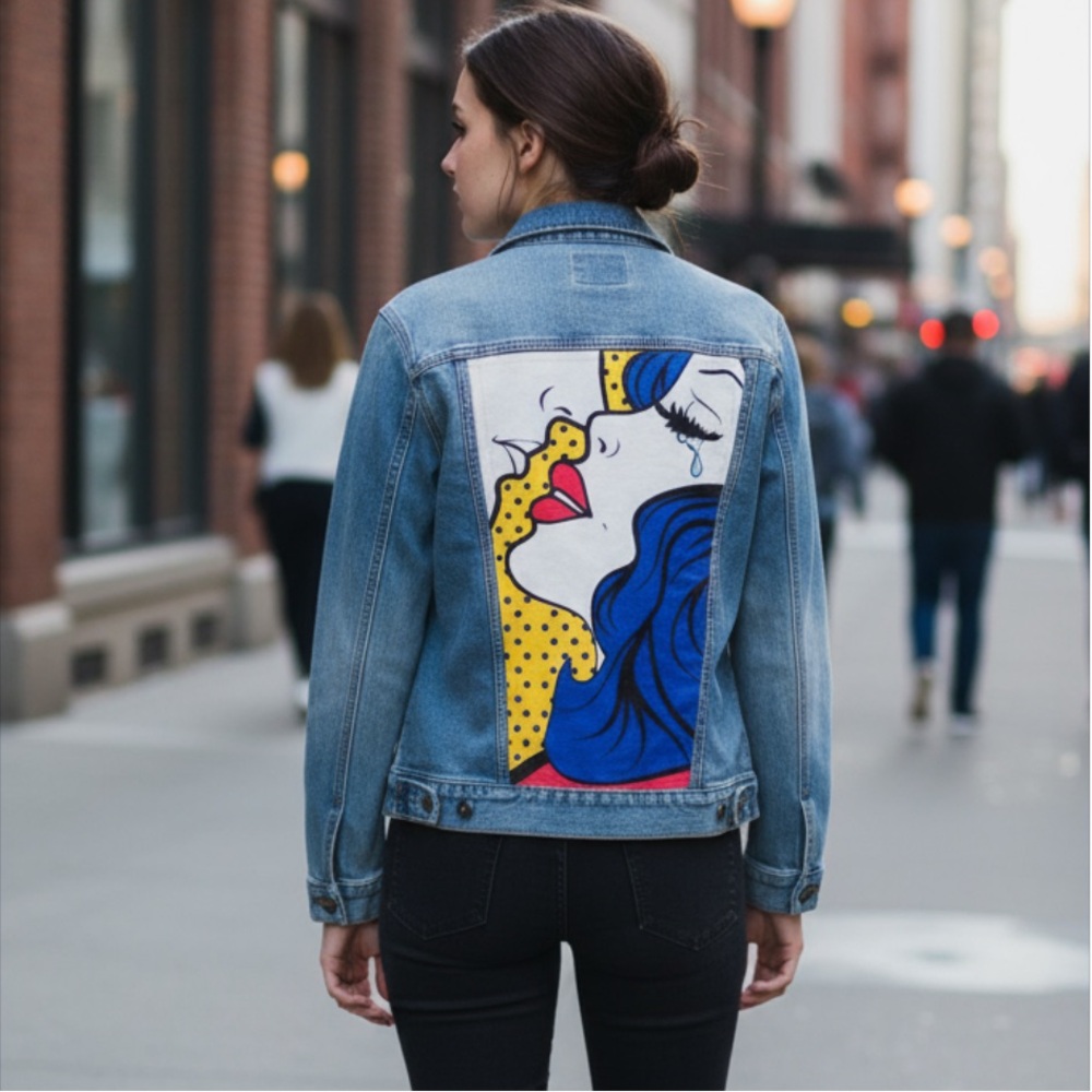 Women’s Pop Art Woman In Tears Comic Graphic Print Blue Denim Jean Jacket